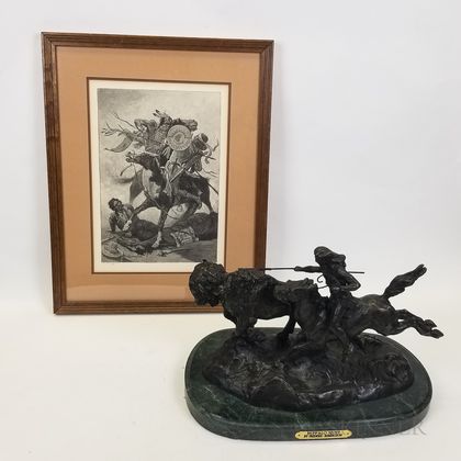 Bronze Buffalo Hunt After Remington and a Framed Print.