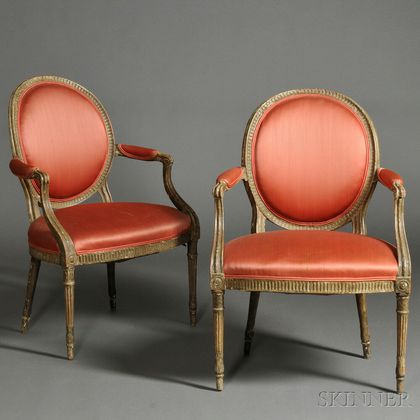 Pair of Neoclassical Upholstered Gray-painted Armchairs