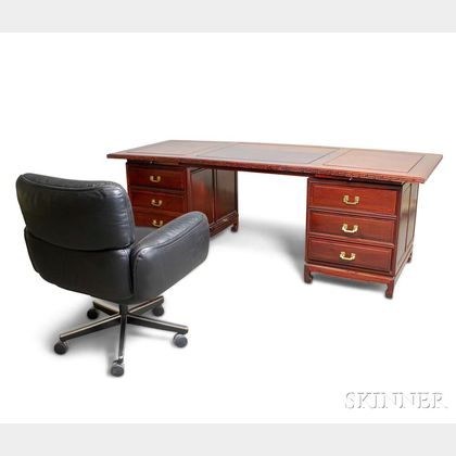 Modern Chinese Hardwood Kneehole Desk and Office Chair