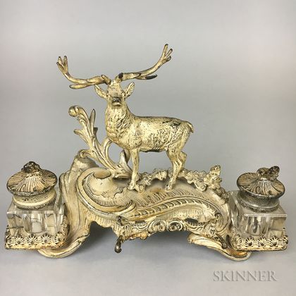 French White-painted Bronze Inkstand with Stag