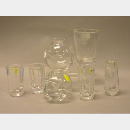 Seven Small Scandinavian Bird and Fowl Decorated Colorless Cut Crystal Vases. 