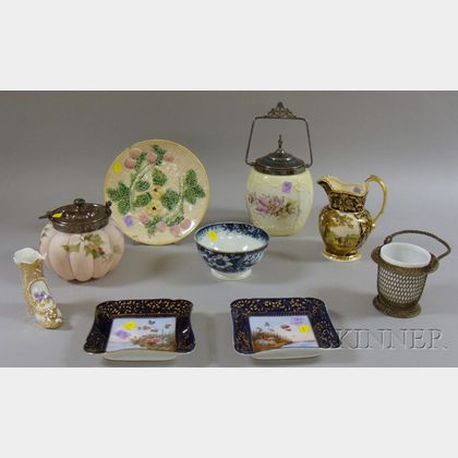 Two Late Victorian Art Glass Biscuit Jars and Seven Decorated Ceramic and Glass Items