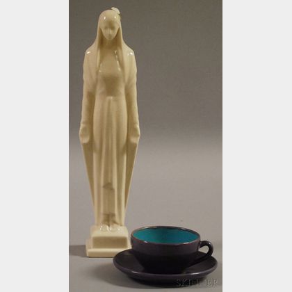 Paul Revere Pottery Glazed Cup and Saucer, and a Rookwood Pottery Madonna Figure