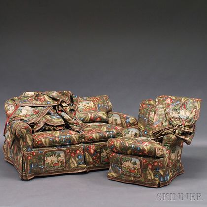 Chintz Upholstered Armchair, Settee, and Three Matching Polished Cotton Curtains