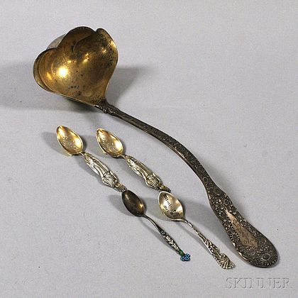 Four Sterling Silver Demitasse Souvenir Spoons and a Punch Ladle