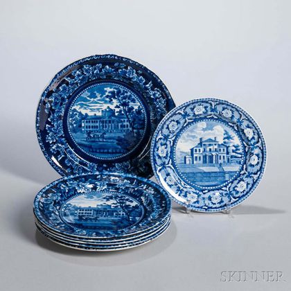 Seven Staffordshire Historical Blue Transfer-decorated Boston Hospital Plates