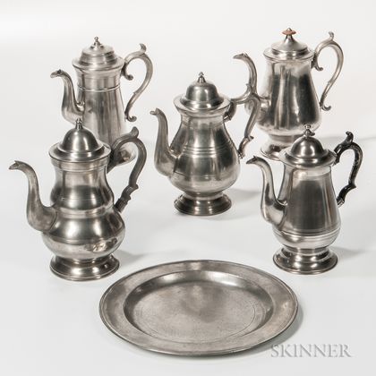 Five Pewter Coffeepots and a Pewter Charger