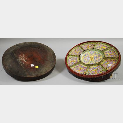 Nine-piece Peking Enameled Fitted Supper Set in a Circular Penwork-decorated Lacquered Wooden Box. Estimate $150-200