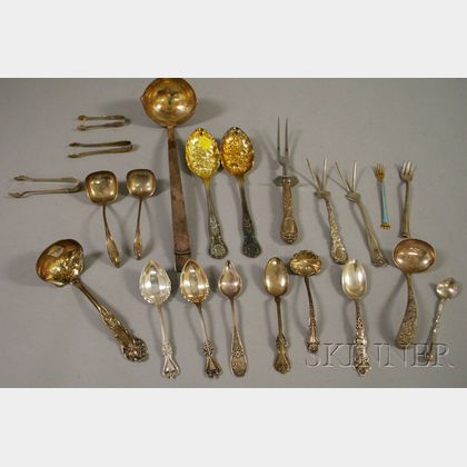 Eighteen Pieces of Sterling Silver Flatware and Three Large Silver Plated Flatware Items