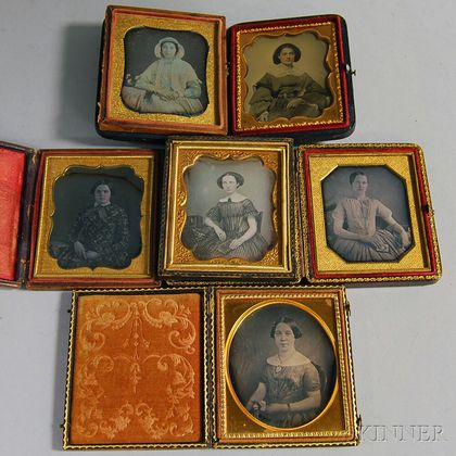 Five Sixth-plate Daguerreotypes and an Ambrotype Depicting Young Women