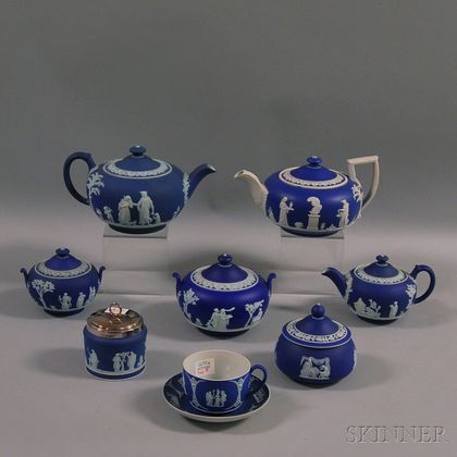 Eight Dark Blue Wedgwood Jasper Dip Teaware Items