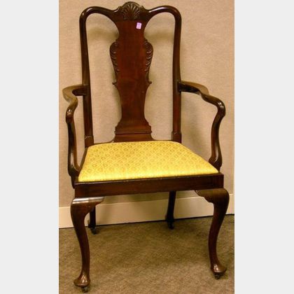 Queen Anne Style Carved Mahogany Armchair. 