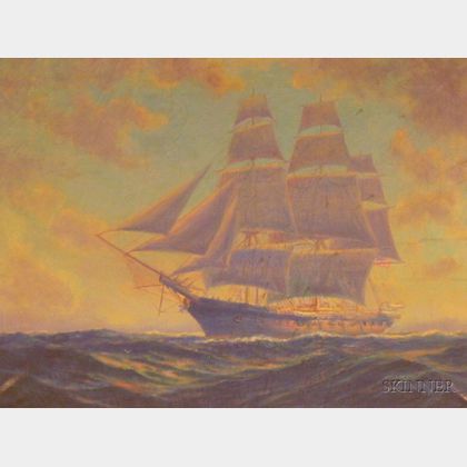 Framed Oil on Canvas Marine View of a Ship