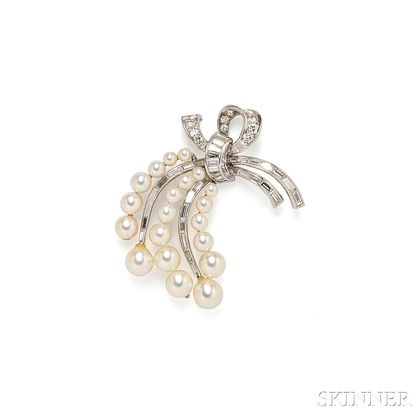 Platinum, Cultured Pearl, and Diamond Brooch, Fougeray