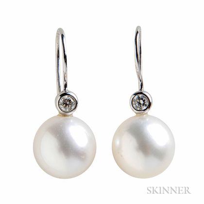 18kt White Gold, South Sea Pearl, and Diamond Earrings
