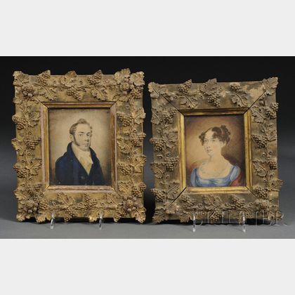 Pair of Framed Watercolor Portraits of Mr. and Mrs. Aaron Wedgwood