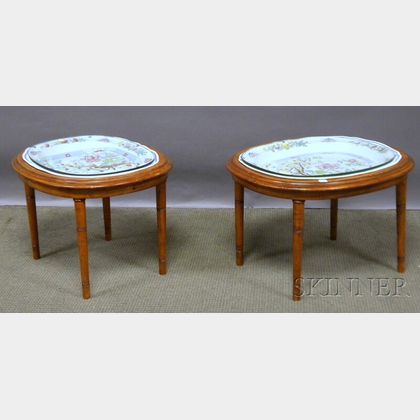 Two English Ironstone Platters in Regency-style Oval Walnut Stands