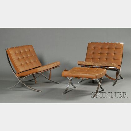 Pair of Mies van der Rohe Barcelona Chairs and Ottoman