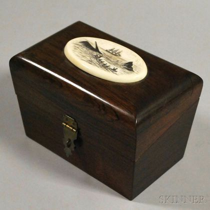 Rosewood Box Topped with Scrimshaw-decorated Whaling Scene Medallion