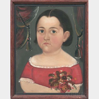 Prior/Hamblen School, Possibly the Work of E.W. Blake, Mid-19th Century Portrait of a Girl in a Red Dress Holding a Bouquet