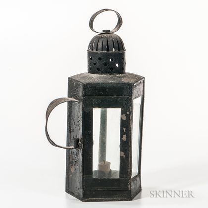Black-painted Tin and Glass Lantern