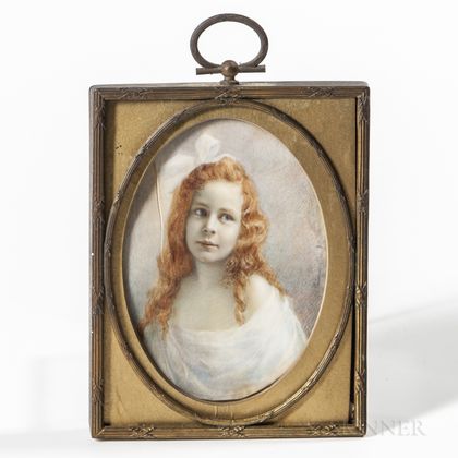 European/American School, 19th Century Miniature Portrait of a Girl with Red Hair