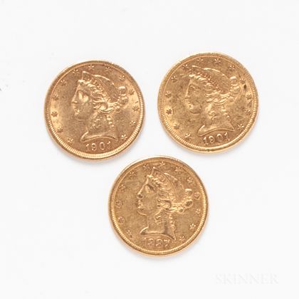 1887-S, 1901-S, and 1901 $5 Liberty Head Gold Coins. Estimate $600-800