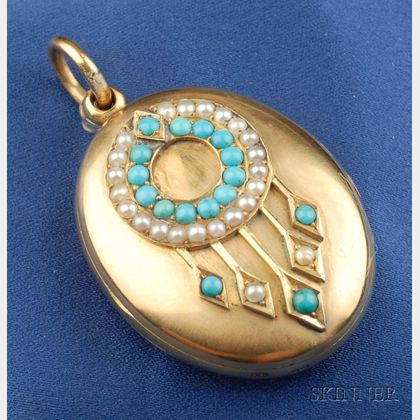 Victorian 18kt Gold, Turquoise and Seed Pearl Double Locket