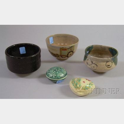 Three Asian Tea Ceremony Pottery Bowls and Two Covered Incense Burners. 
