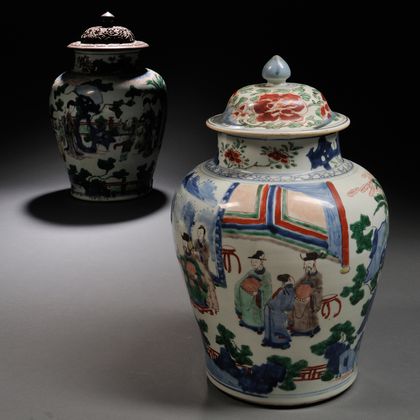 Two Transitional Wucai Enameled Jars with Covers