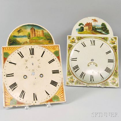 Two Tombstone-shaped Paint-Decorated Sheet Iron Clock Faces