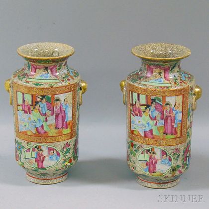 Pair of Crackled Rose Mandarin Vases