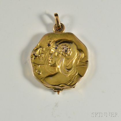 Art Nouveau 14kt Gold and Diamond Locket Pendant