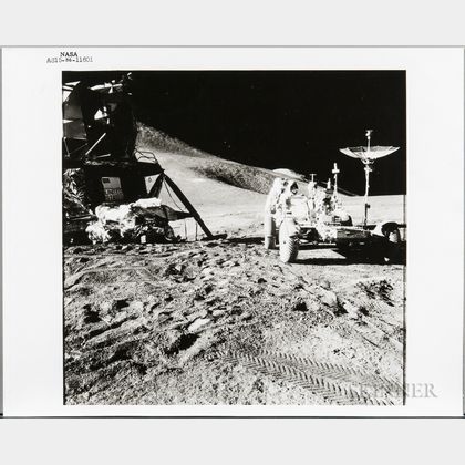 Apollo 15, Lunar Roving Vehicle and James Irwin at the Hadley-Apennine Landing Site, EVA-1, August 1971.