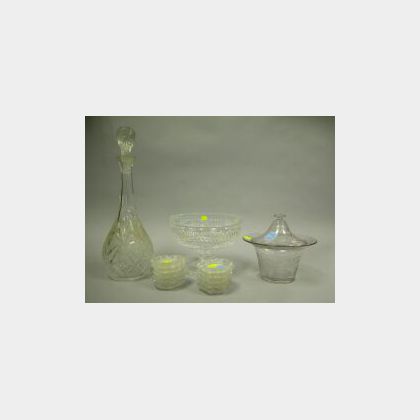 Waterford Colorless Cut Glass Compote, a Covered Dish, Set of Ten Salts and a Decanter. 
