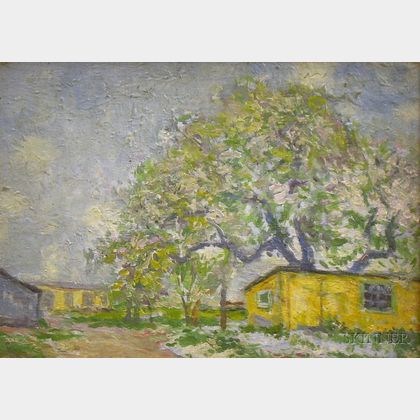 Framed Oil on Board of a Tree with Yellow House Attributed to Ernest Meyer