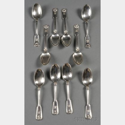 Ten Tiffany & Co. Sterling "Fiddle and Shell" Pattern Teaspoons