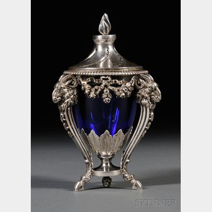 Dutch Neoclassical-style Silver Covered Urn with Cobalt Glass Liner