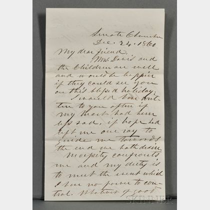 Davis, Jefferson (1808-1889) Autograph Letter Signed, 24 December 1860.