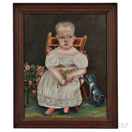 Possibly Robert Darling (American, Early 19th Century) Portrait of a Child in a White Dress Seated in a Paint-decorated Armchair