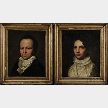 American School, Early 19th Century Pair of Portraits of a Man and a Woman