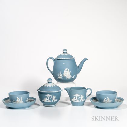 Five-piece Wedgwood Solid Pale Blue Jasper Tea Set