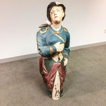 Polychrome Carved and Painted Wood Figurehead of a Woman in Blue Coat