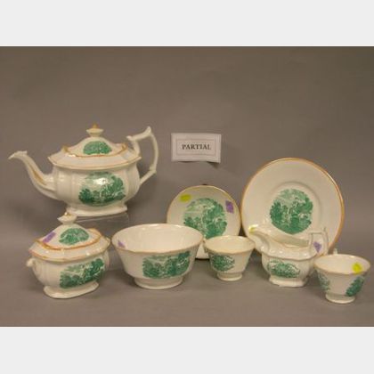 Thirty-Piece Green Scenic Transfer Decorated Porcelain Tea Set. 