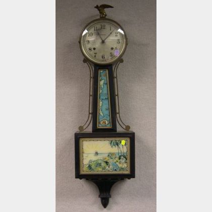 E. Ingraham Co. Federal-style Treasure Island Mahogany and Reverse-Painted Glass Banjo Timepiece. 