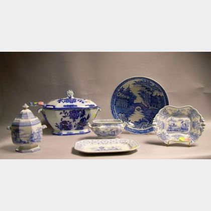 English Flow Blue Ironstone Covered Tureen and Ladle and Five Pieces of English Blue and White Transfer Decorated Staffordshire Tablewa