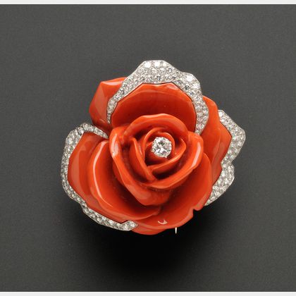 Platinum, Diamond and Coral Flower Clip/Brooch, Cartier Paris