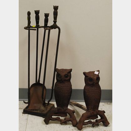 Pair of Cast Iron Owl Andirons with Glass Eyes and a Set of Three Matching Owl-handled Tools with Stand