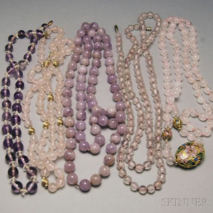 Five Amethyst and Rose Quartz Beaded Necklaces