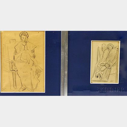 Maxime Boulard de Villeneuve (French, 1884-1971) Two Framed Drawings: Femme Tricotant